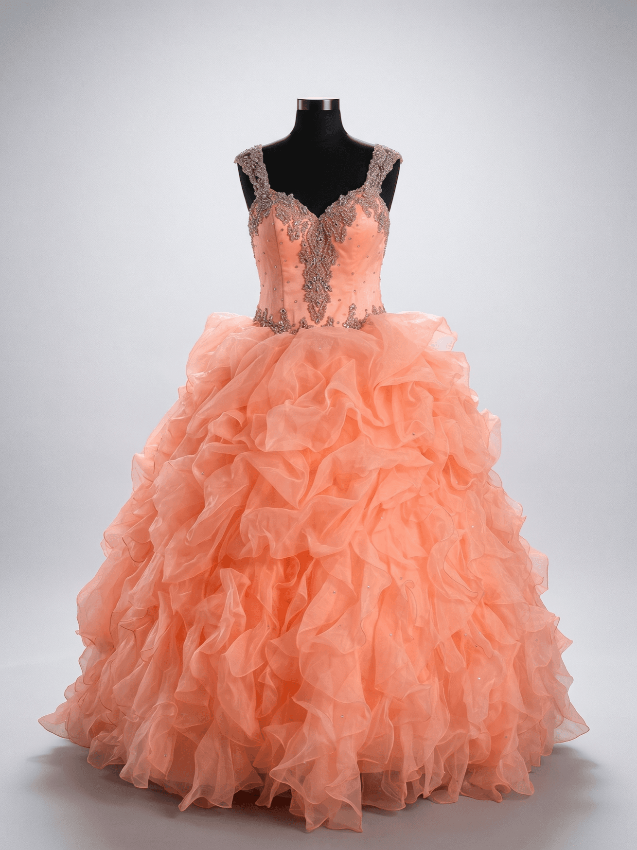 Coral ruffled ball gown on a dress form — Pear Tree FL