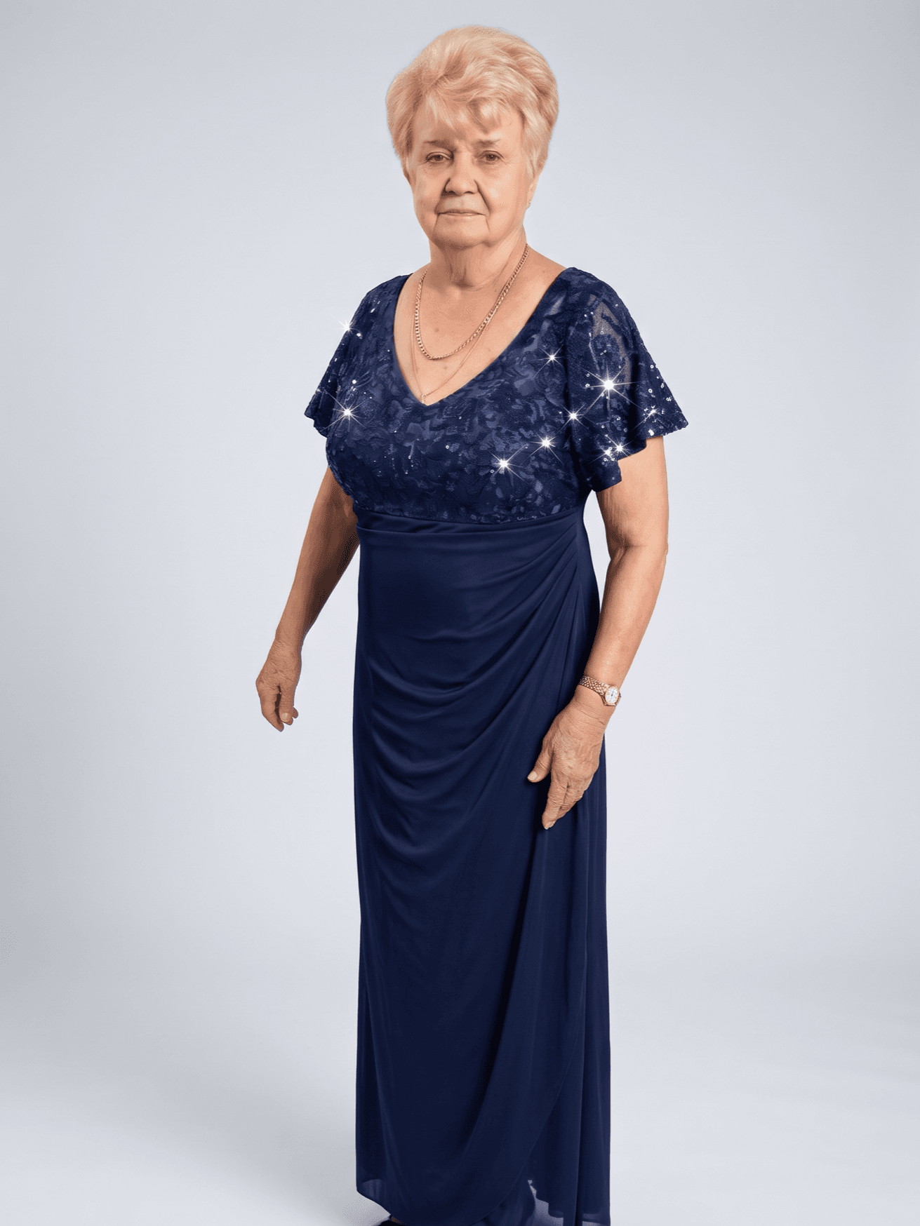 Navy formal dress with lace sleeves, fitted — Lakewood Ranch