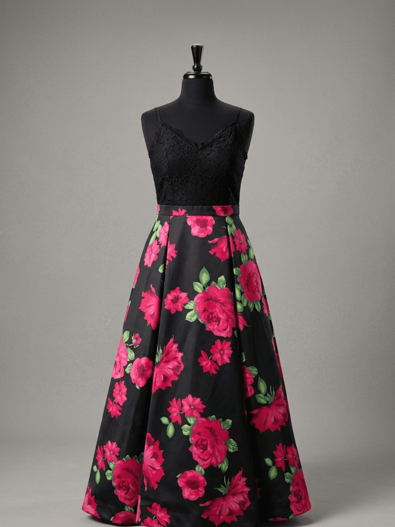 Black bodice gown with floral skirt — Pear Tree atelier