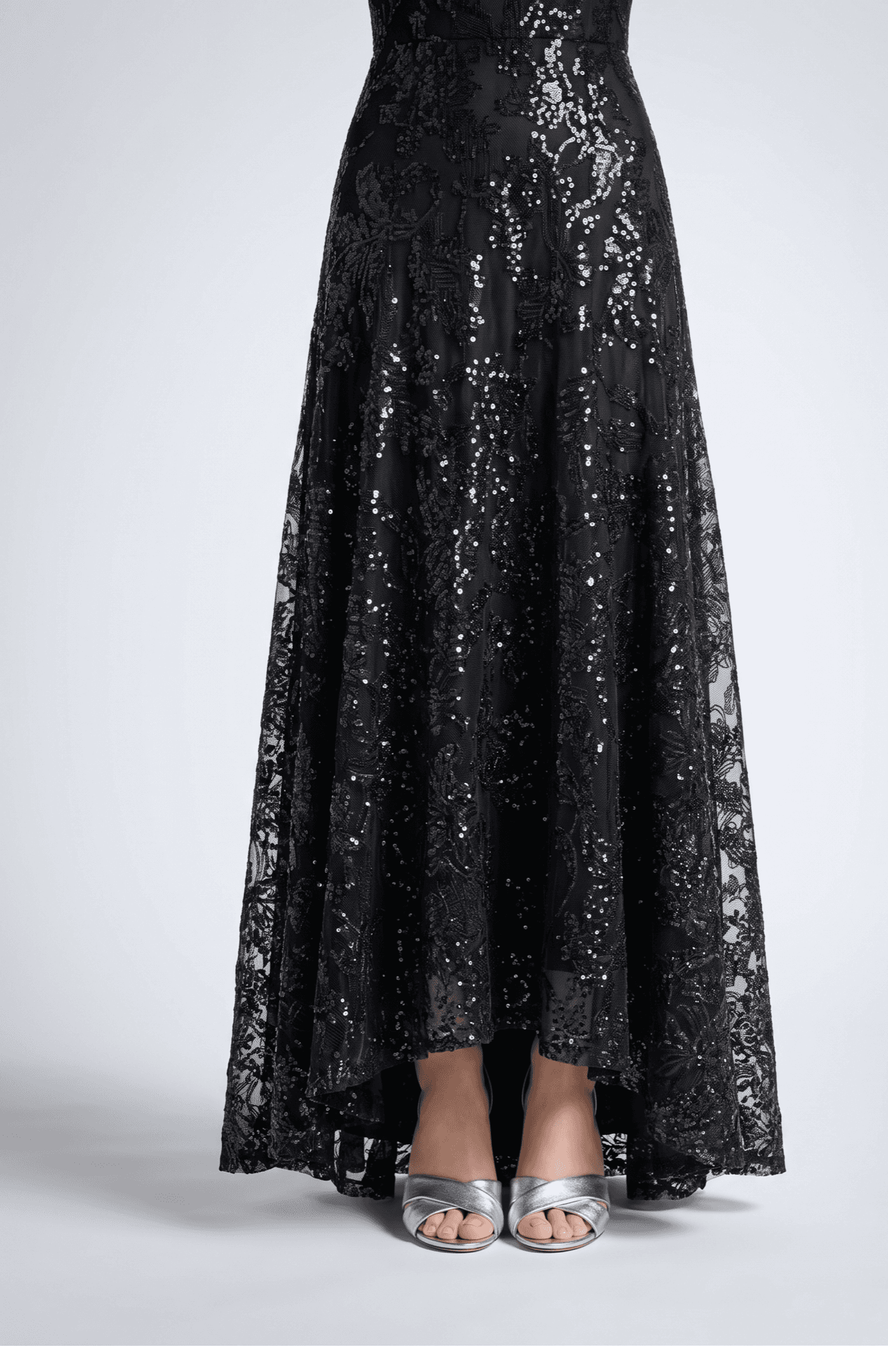 Black sequin lace gown hemmed to the shoe — Pear Tree FL