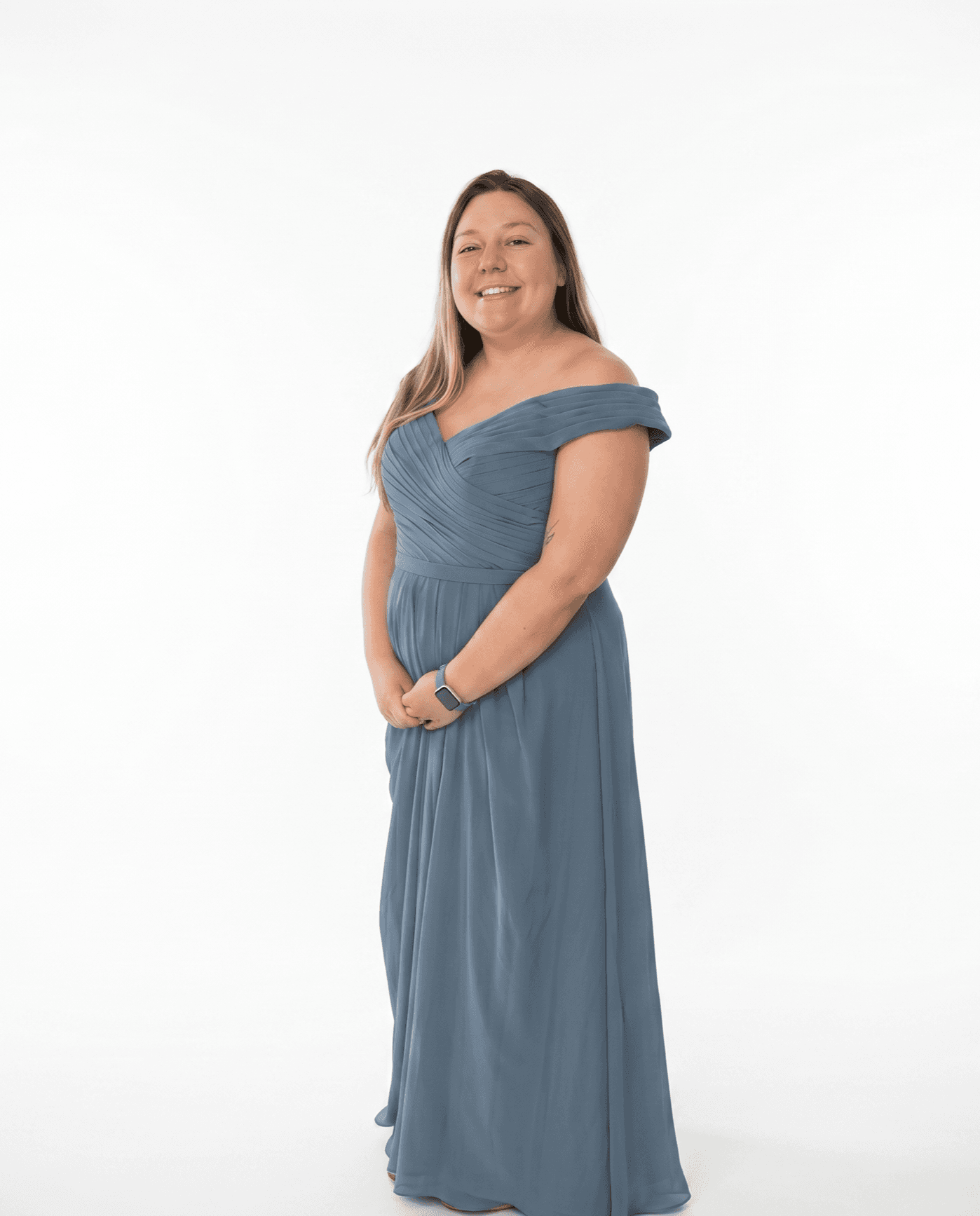 Dusty blue off-shoulder dress, fitted — Pear Tree Clothing FL